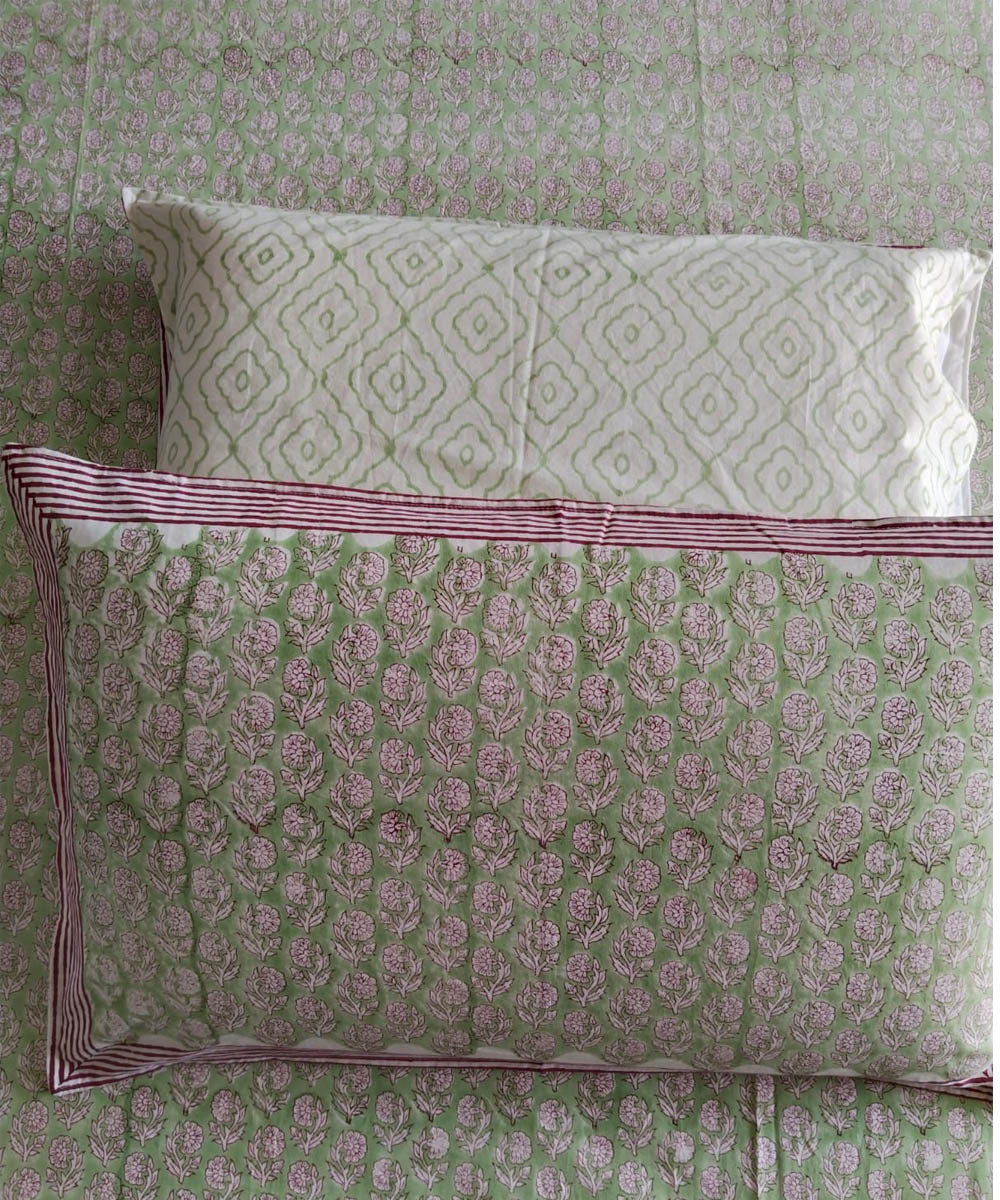 Cyan green white cotton hand block printed double bed bedsheet