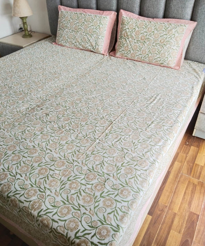 Multicolor offwhite white hand block printed cotton double bed bedsheet