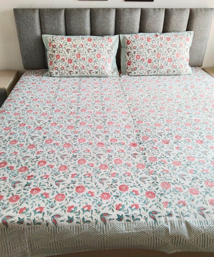 Multicolor pink hand block printed cotton double bed bedsheet