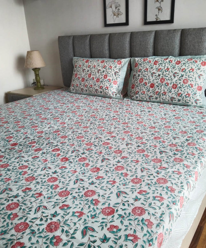 Multicolor pink hand block printed cotton double bed bedsheet