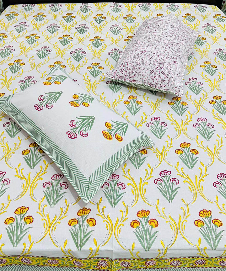 Yellow green hand block printed cotton double bed bedsheet