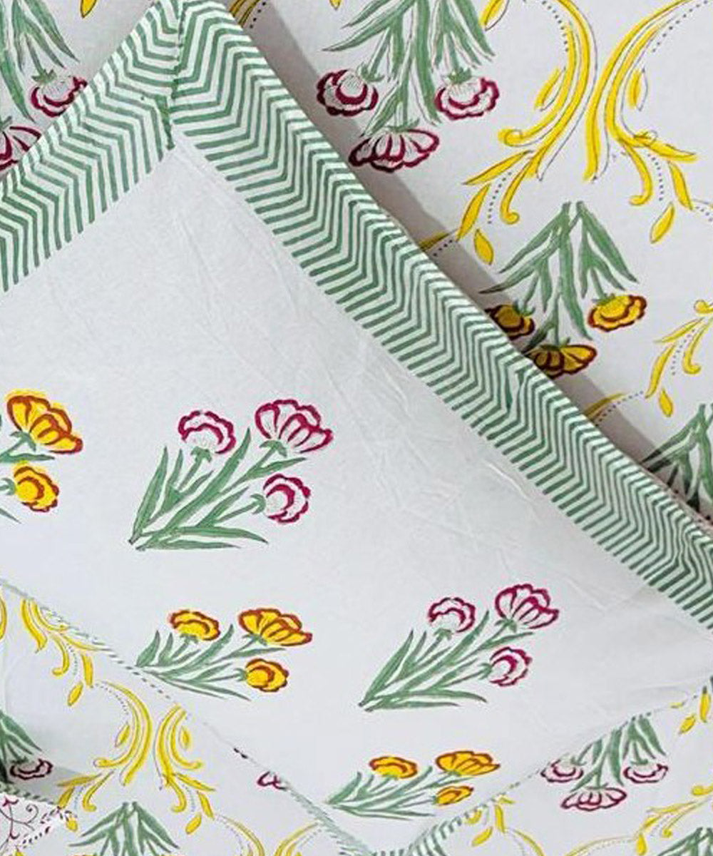 Yellow green hand block printed cotton double bed bedsheet