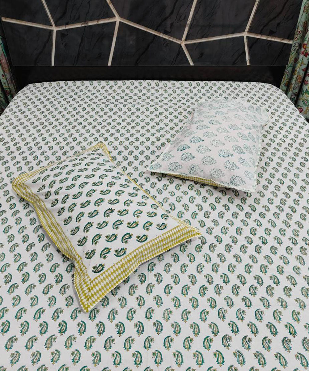 Dark green white cotton hand block printed double bed bedsheet