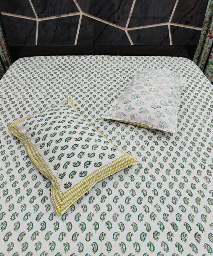 Dark green white cotton hand block printed double bed bedsheet