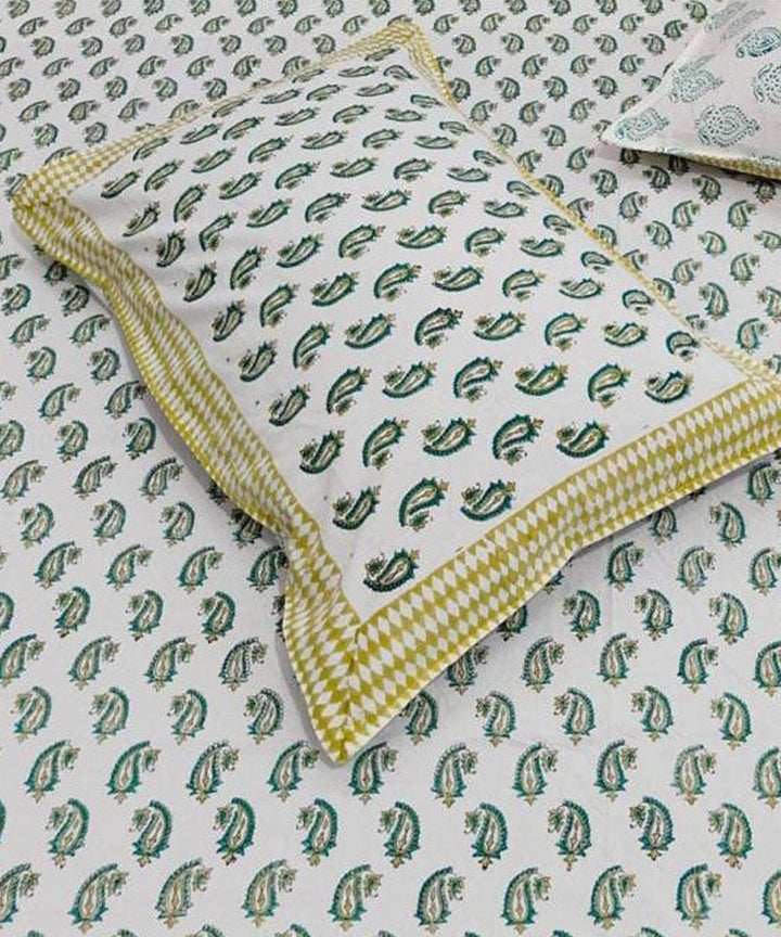Dark green white cotton hand block printed double bed bedsheet