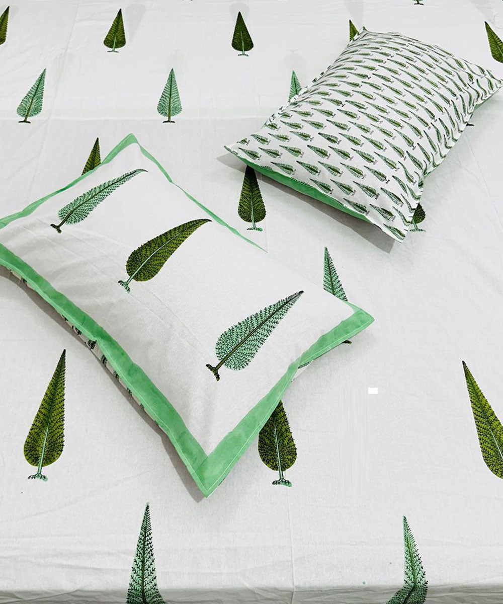 White green hand block printed cotton double bed bedsheet