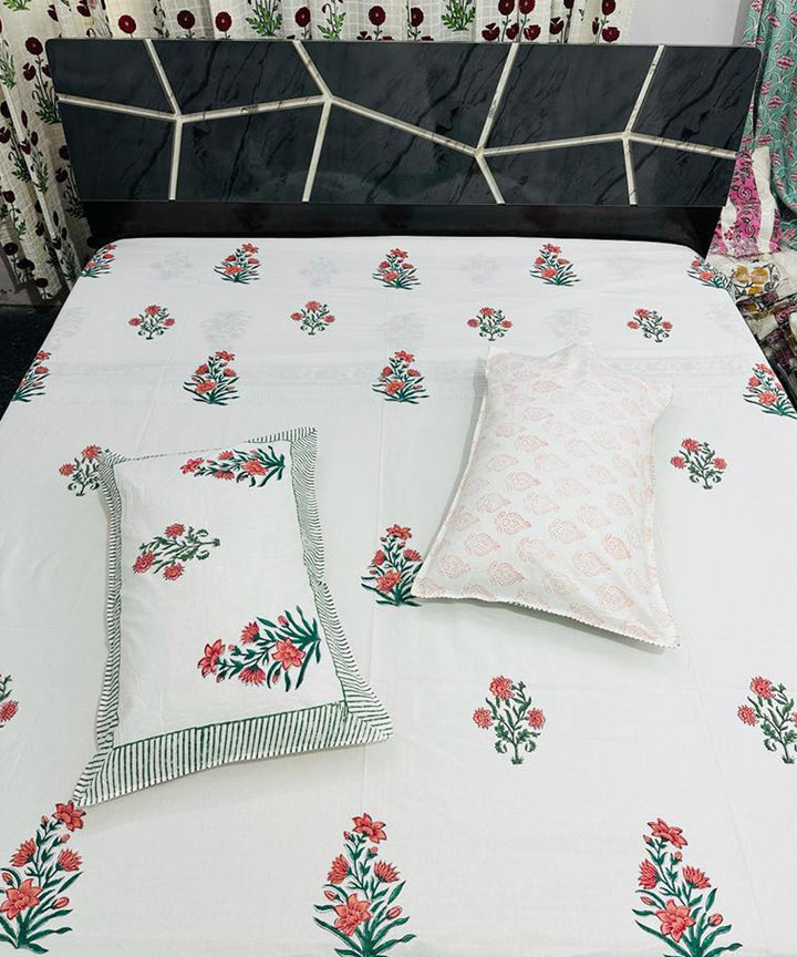 White multicolour hand block printed cotton double bed bedsheet