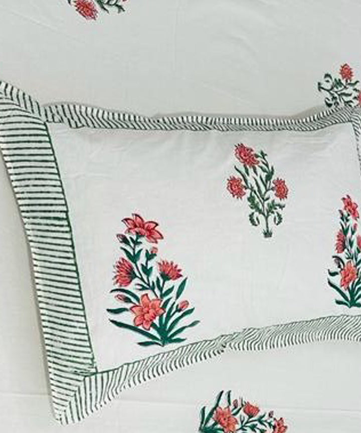 White multicolour hand block printed cotton double bed bedsheet