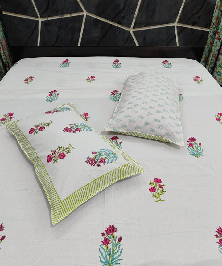 Multicolor white cotton hand block printed double bed bedsheet