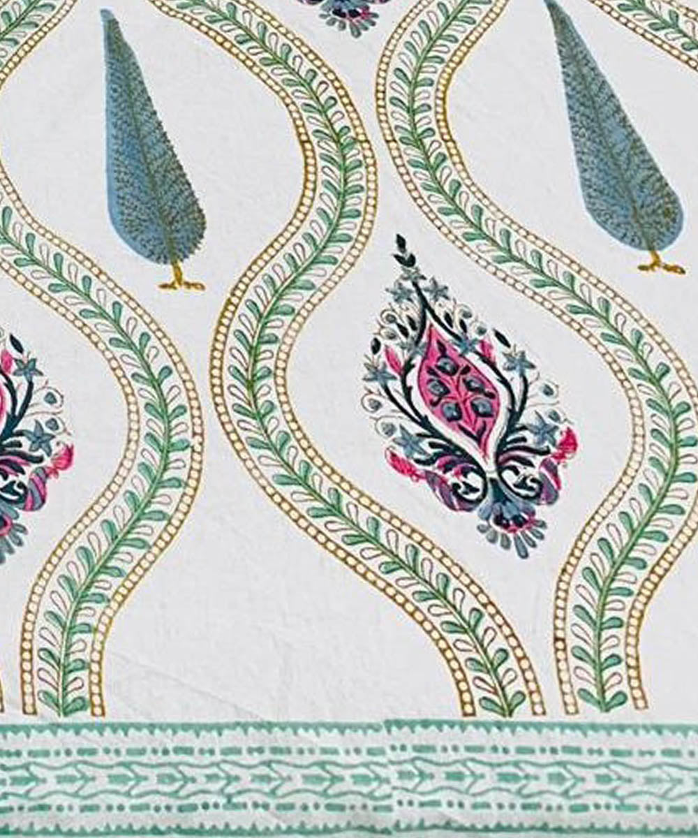 White multicolor cotton hand block printed double bed bedsheet
