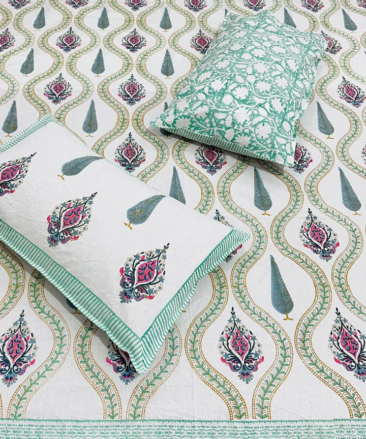 White multicolor cotton hand block printed double bed bedsheet