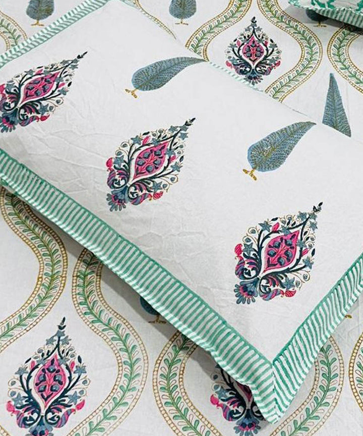 White multicolor cotton hand block printed double bed bedsheet