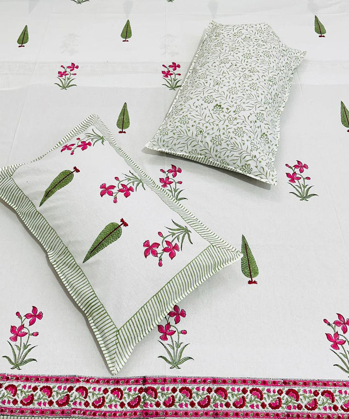 Dark green red hand block printed cotton double bed bedsheet
