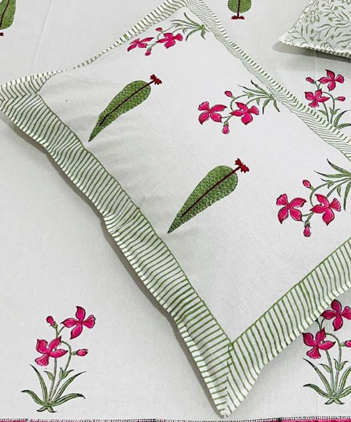 Dark green red hand block printed cotton double bed bedsheet