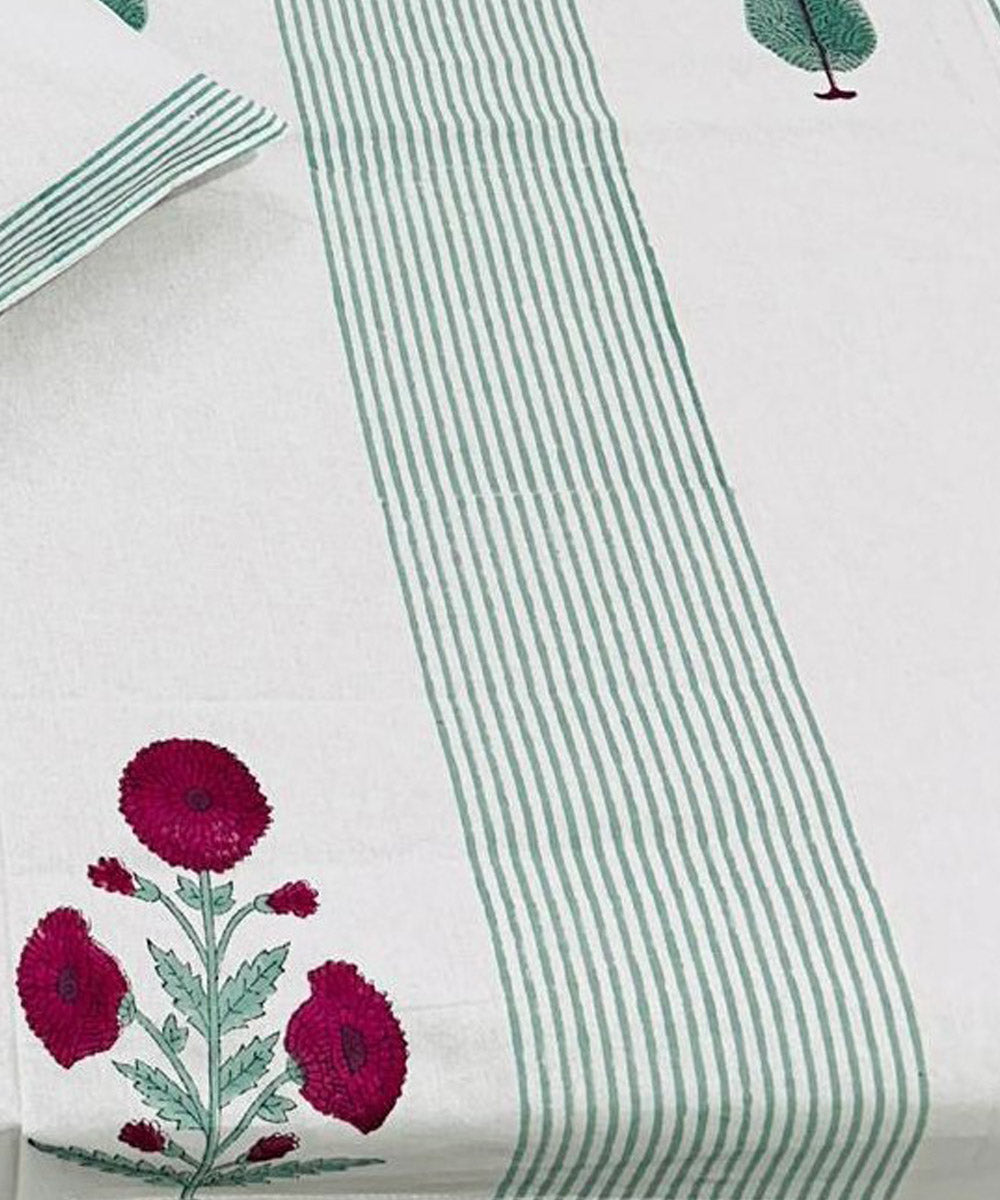 Cyan green white hand block printed cotton double bed bedsheet
