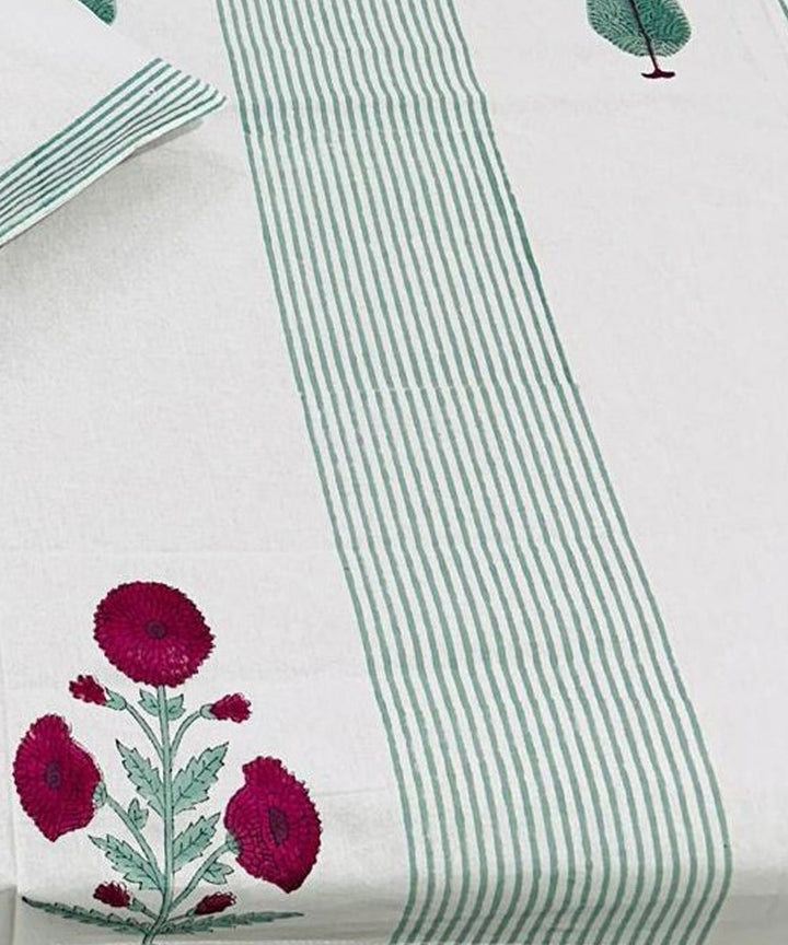Cyan green white hand block printed cotton double bed bedsheet