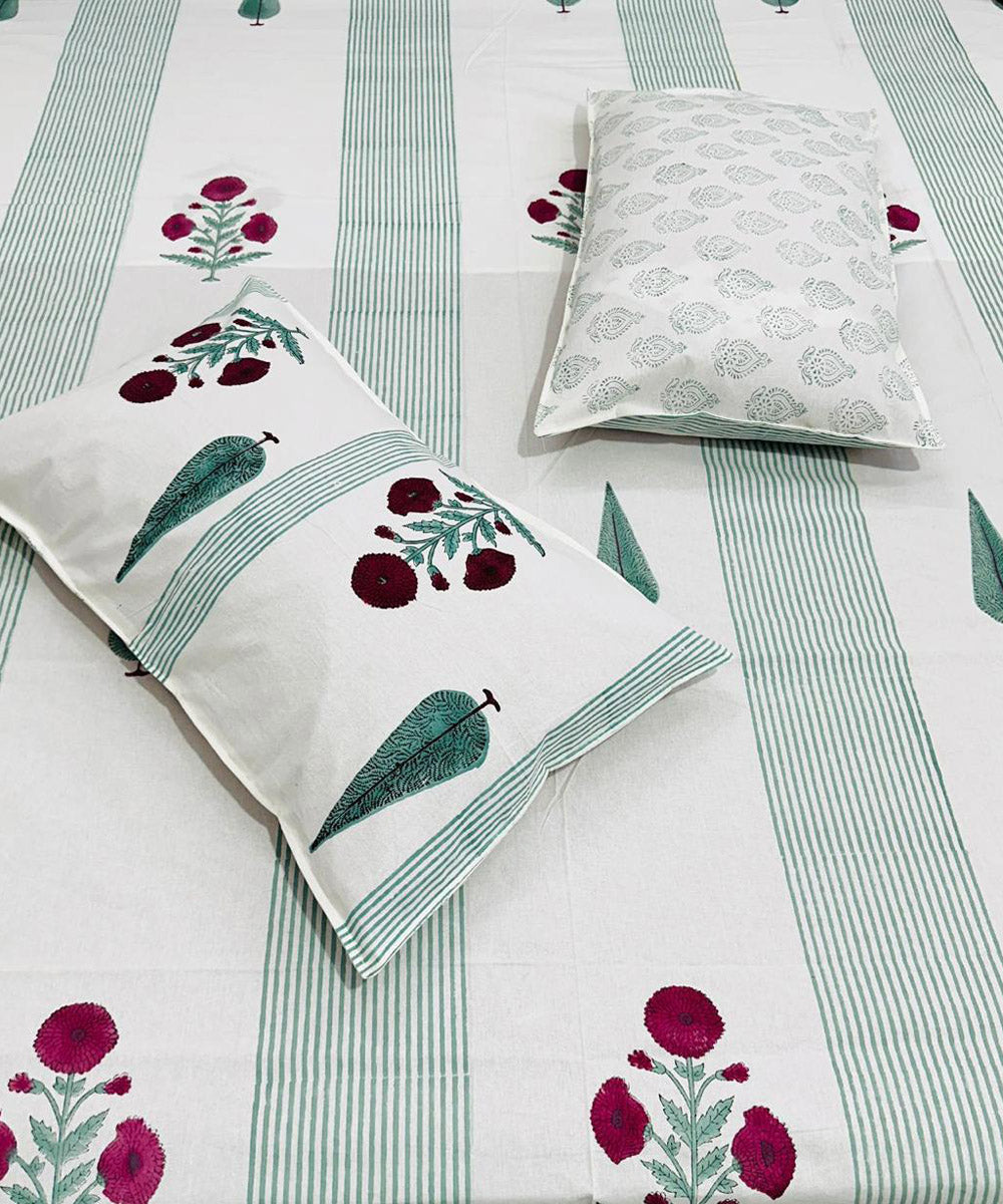 Cyan green white hand block printed cotton double bed bedsheet