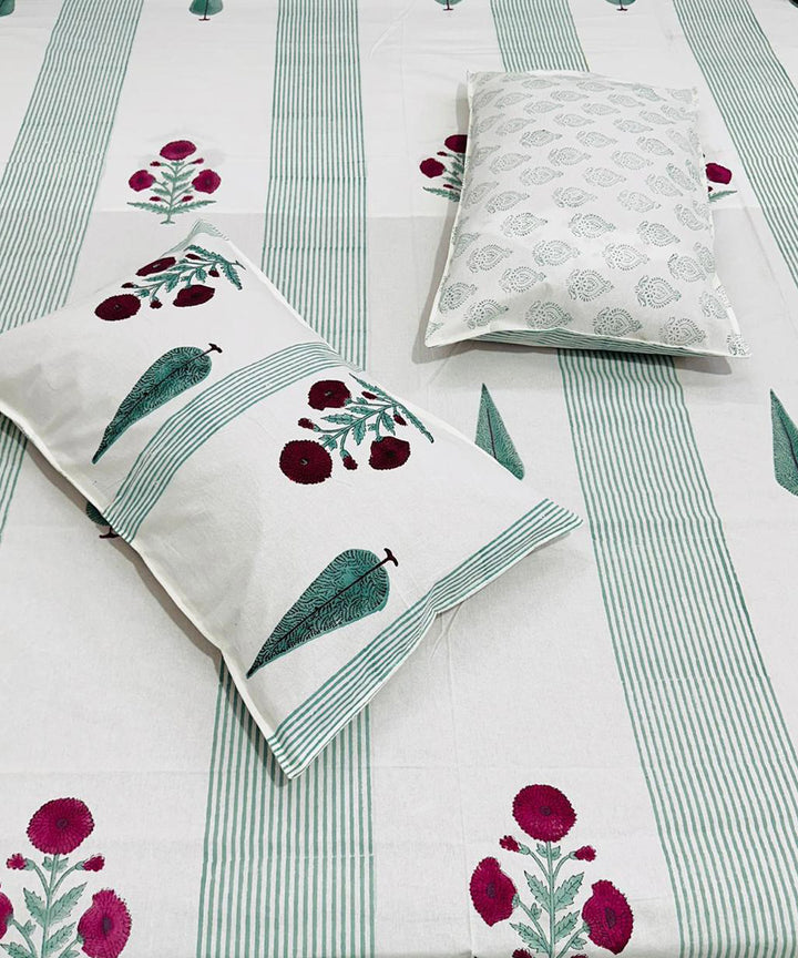 Cyan green white hand block printed cotton double bed bedsheet