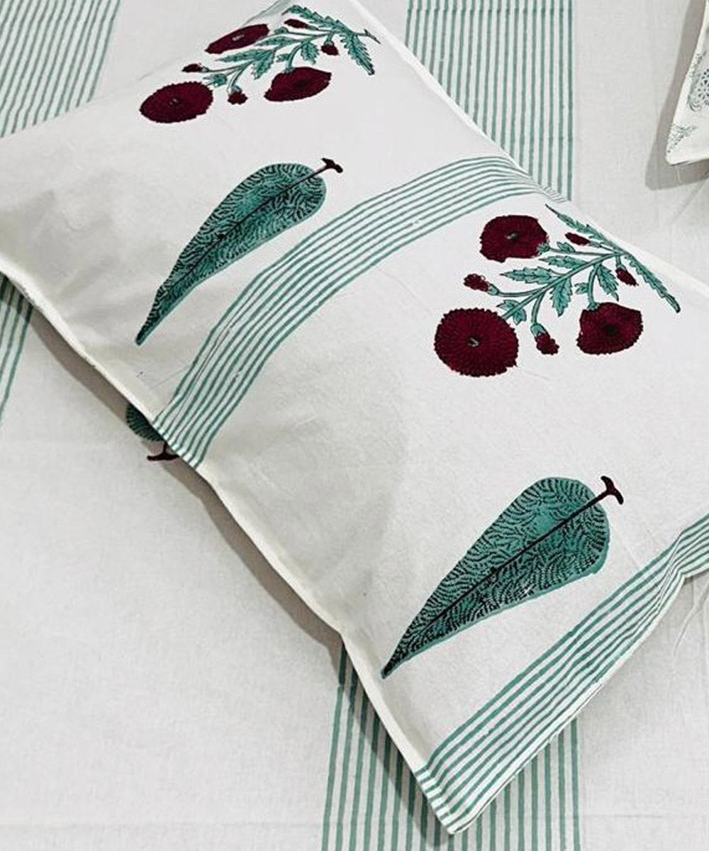 Cyan green white hand block printed cotton double bed bedsheet