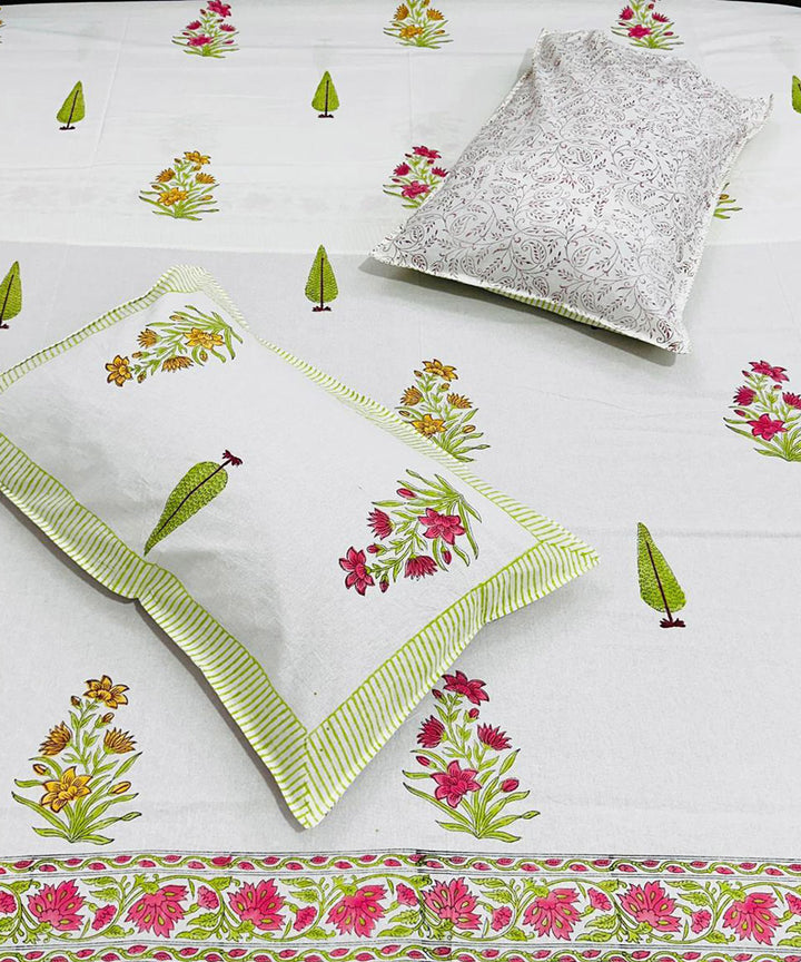 Yellow green cotton hand block printed double bed bedsheet