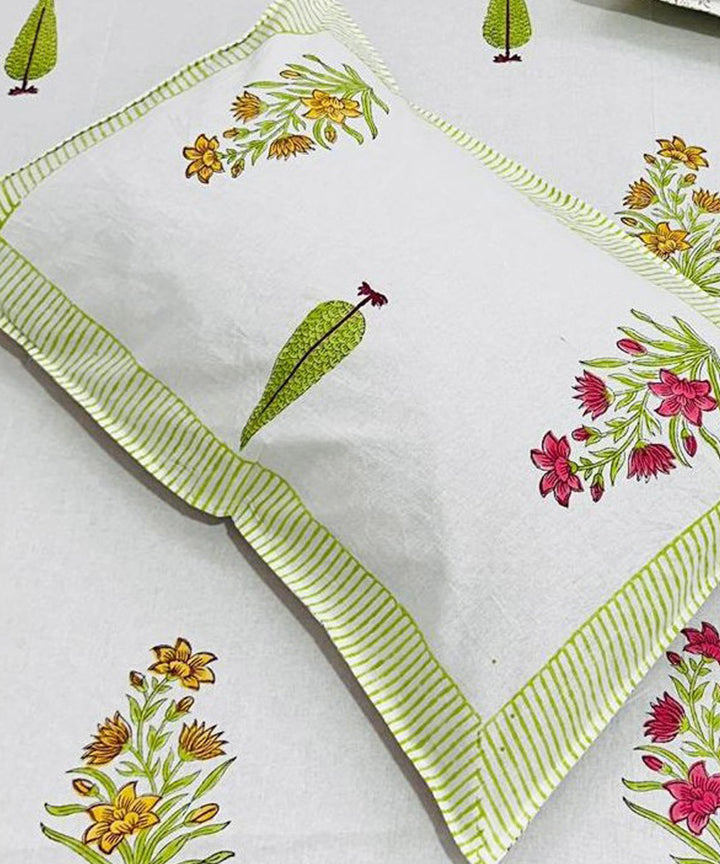 Yellow green cotton hand block printed double bed bedsheet