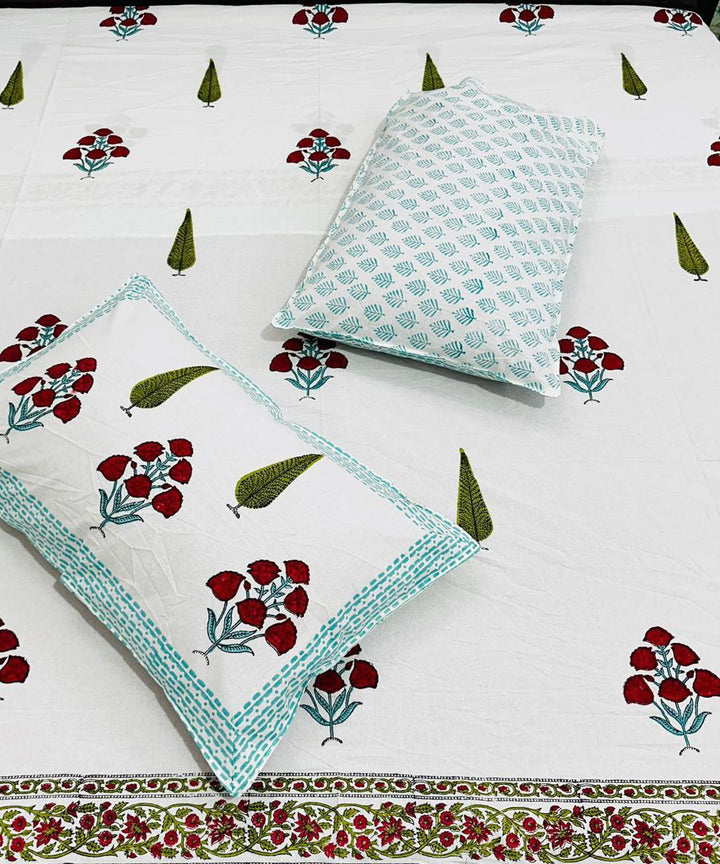 Red offwhite cotton hand block printed double bed bedsheet