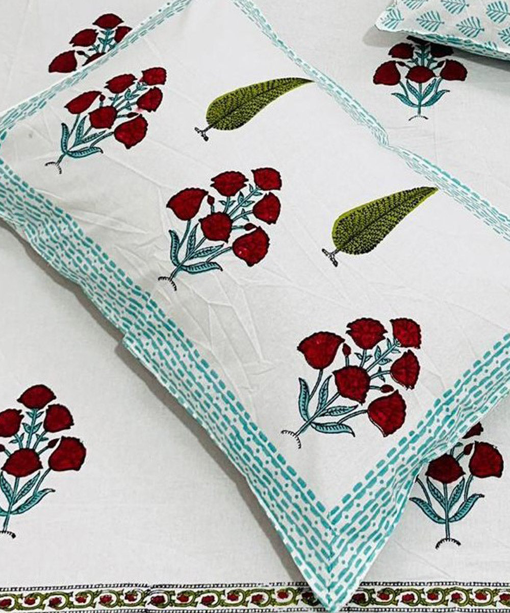 Red offwhite cotton hand block printed double bed bedsheet