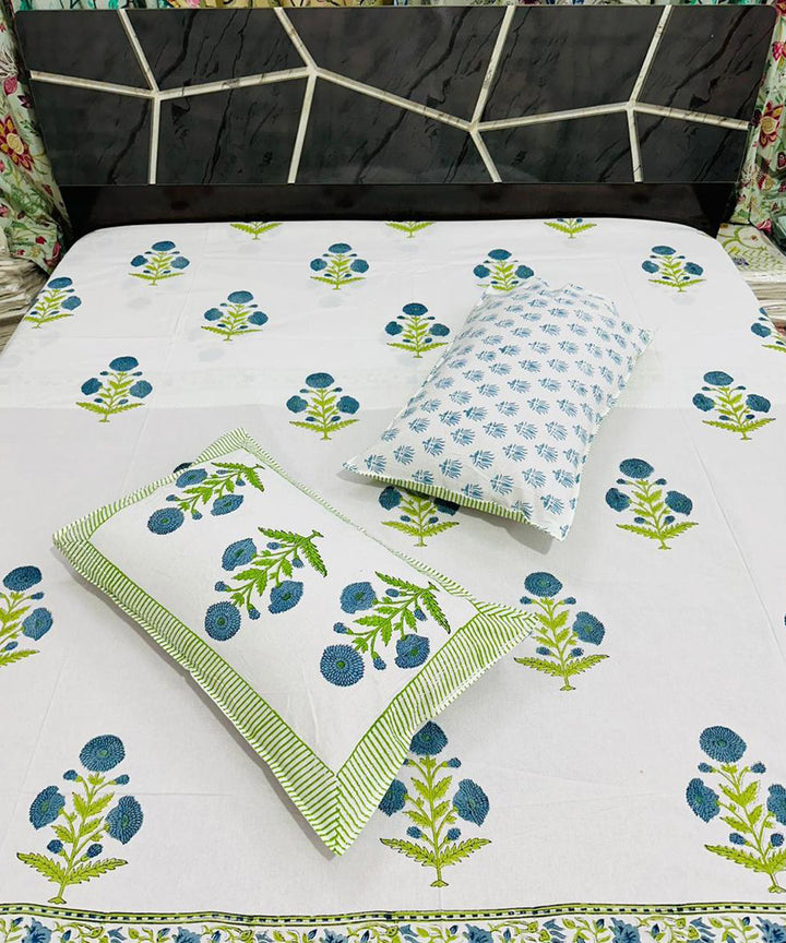 Dark green white hand block printed cotton double bed bedsheet