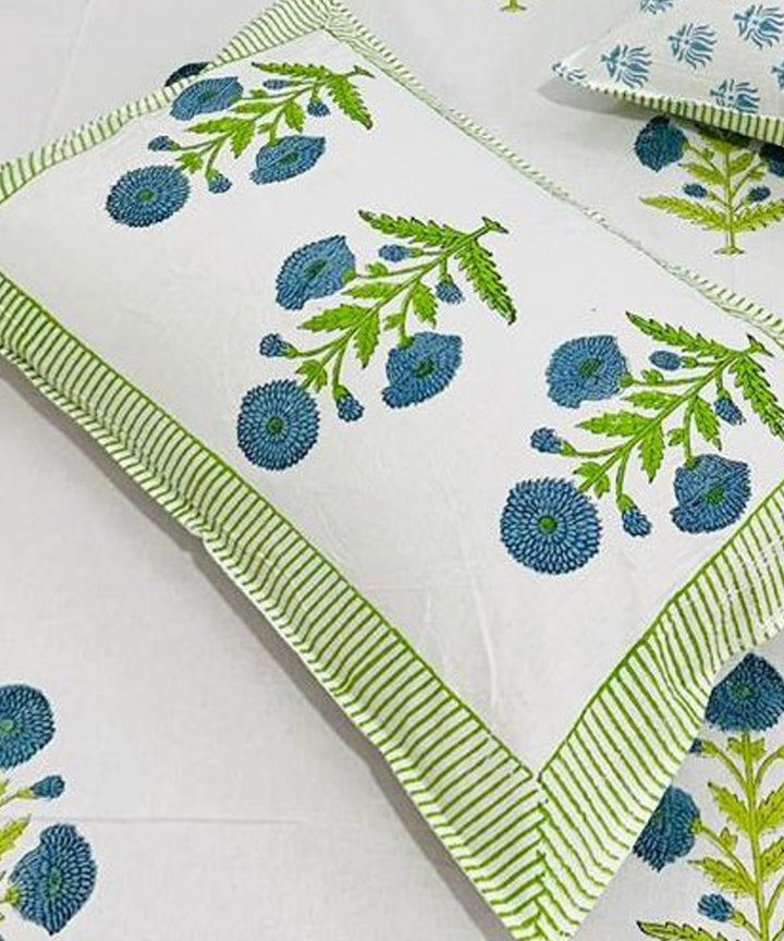 Dark green white hand block printed cotton double bed bedsheet