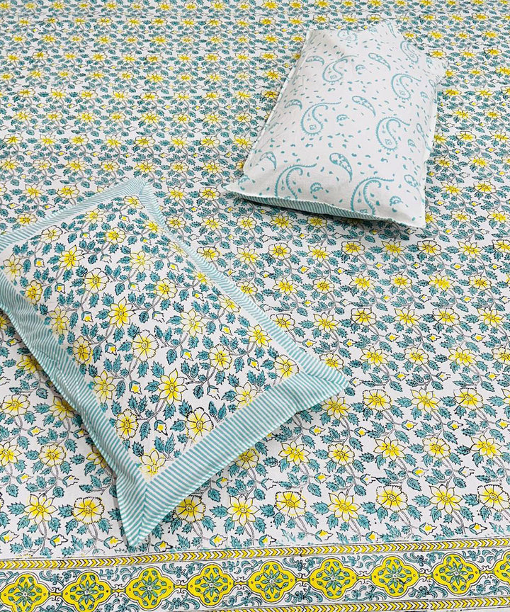 Navy blue yellow hand block printed cotton double bed bedsheet