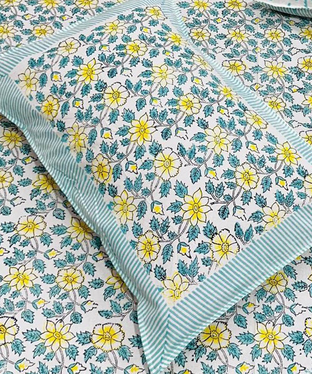 Navy blue yellow hand block printed cotton double bed bedsheet
