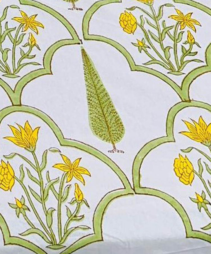 Yellow white hand block printed cotton double bed bedsheet