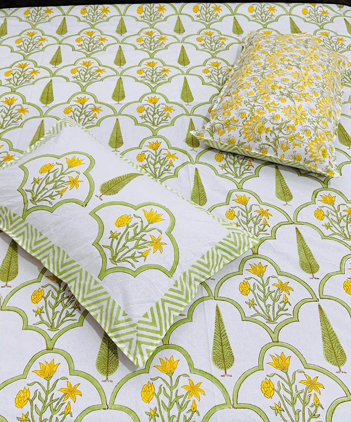 Yellow white hand block printed cotton double bed bedsheet