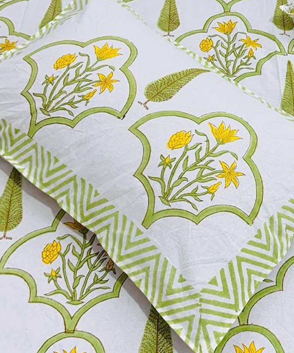 Yellow white hand block printed cotton double bed bedsheet