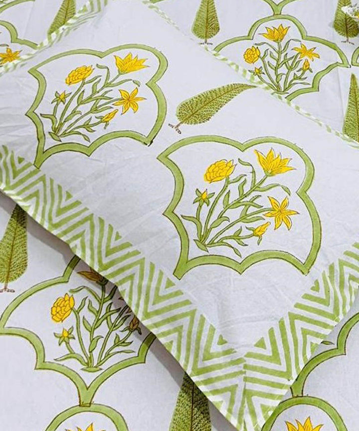 Yellow white hand block printed cotton double bed bedsheet