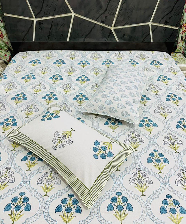 Multicolor white hand block printed cotton double bed bedsheet