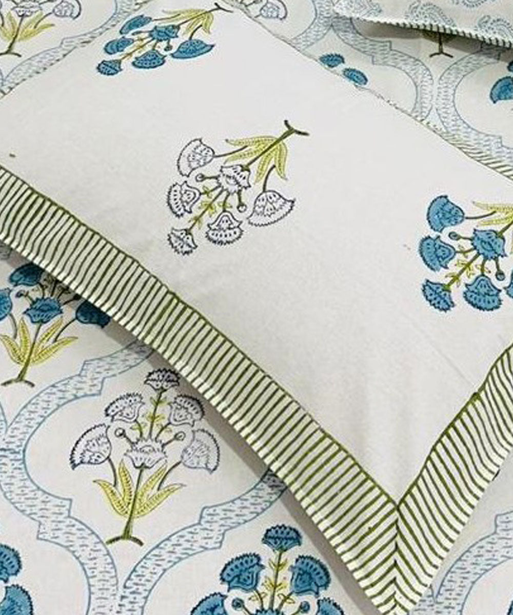 Multicolor white hand block printed cotton double bed bedsheet