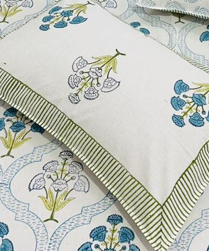 Multicolor white hand block printed cotton double bed bedsheet