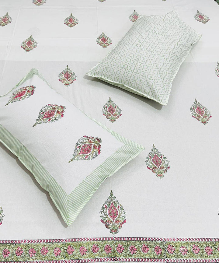 Red white hand block printed cotton double bed bedsheet