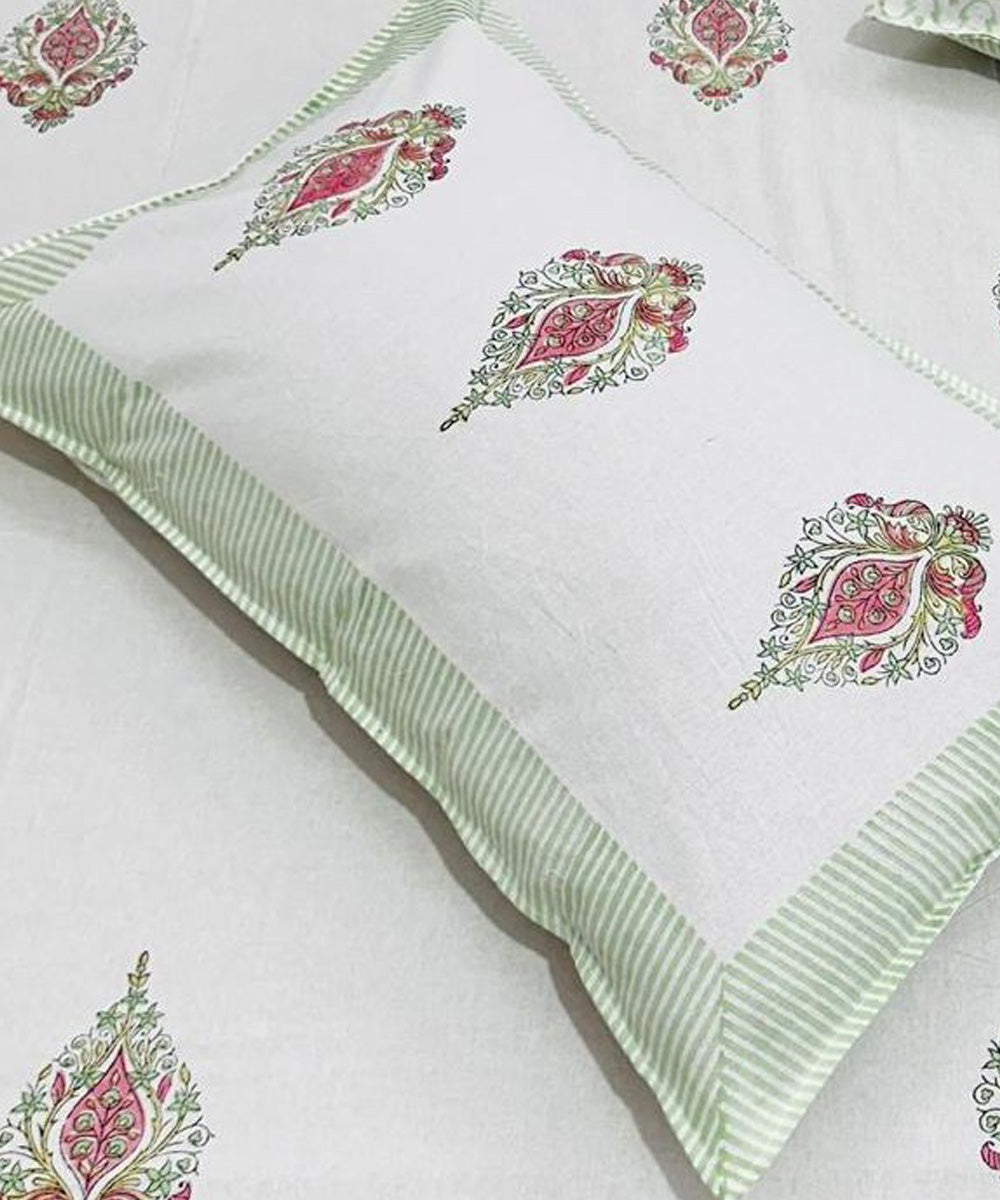 Red white hand block printed cotton double bed bedsheet