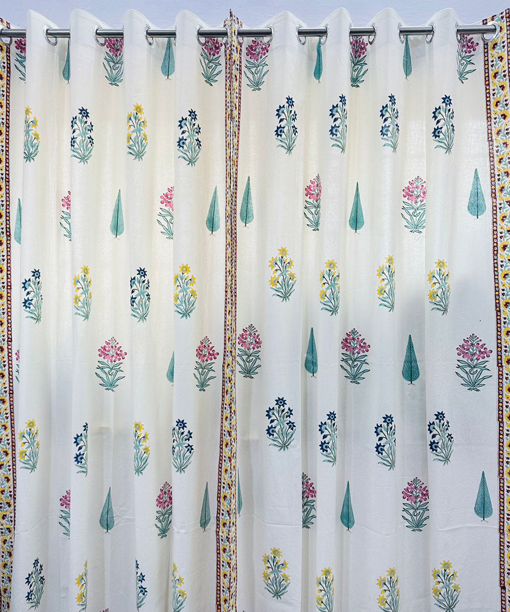 Light green hand sanganeri printed cotton door curtain set of 2