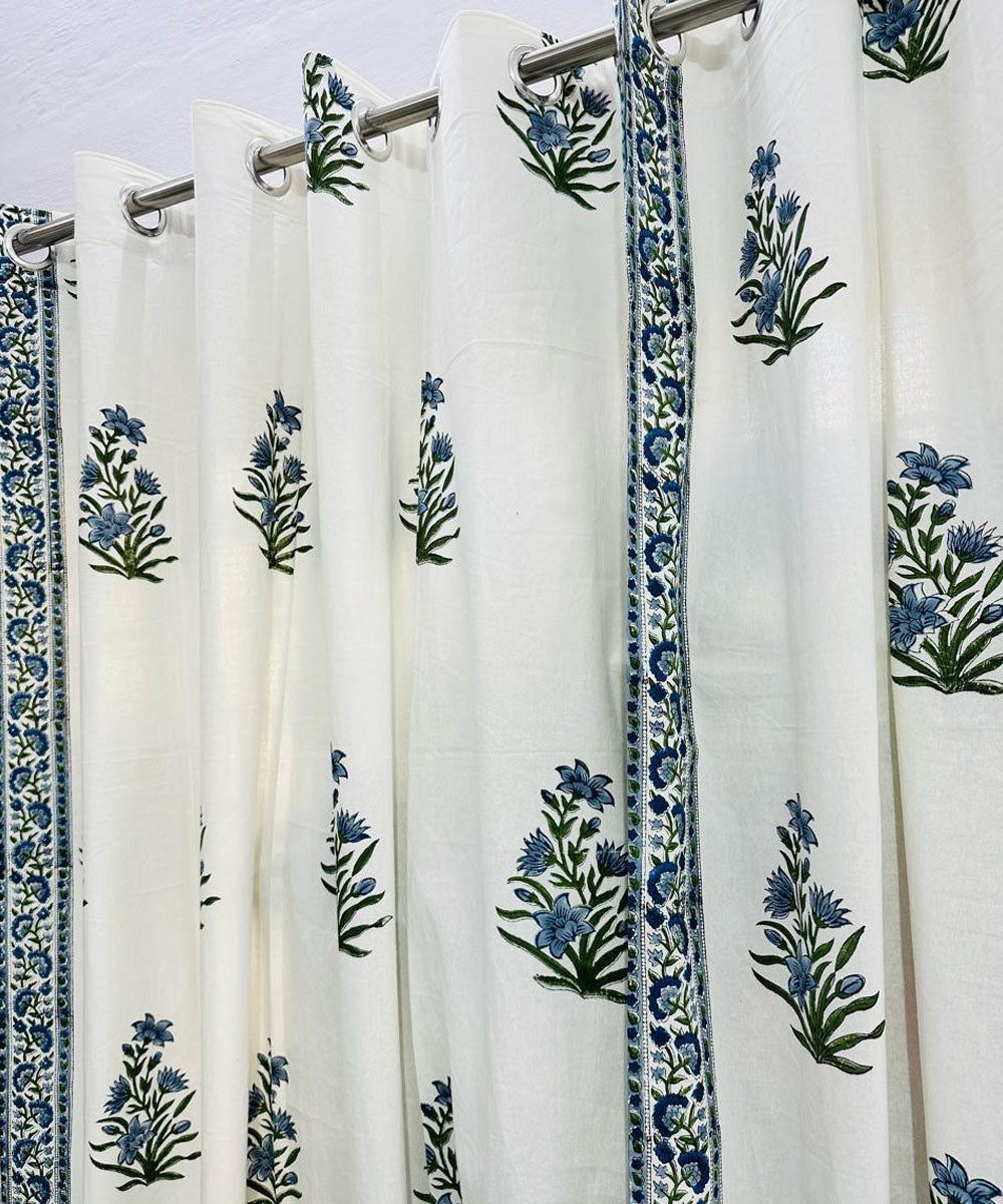 Navy blue hand printed sanganeri cotton door curtain set of 2