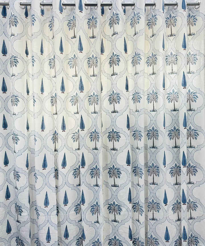 Sky blue hand sanganeri printed cotton door curtain set of 2