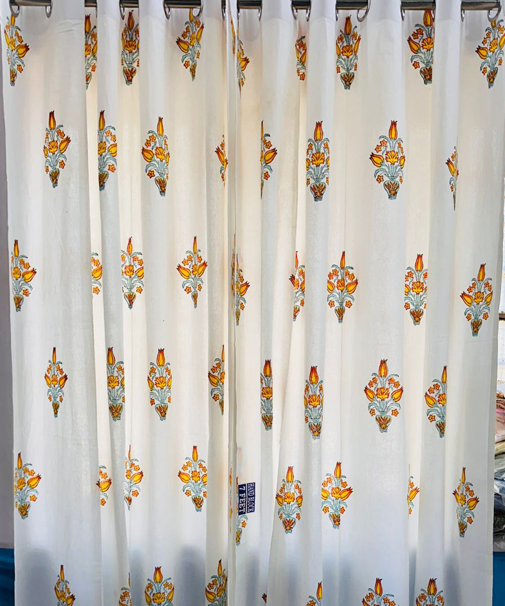 Yellow sanganeri printed door cotton curtain set of 2