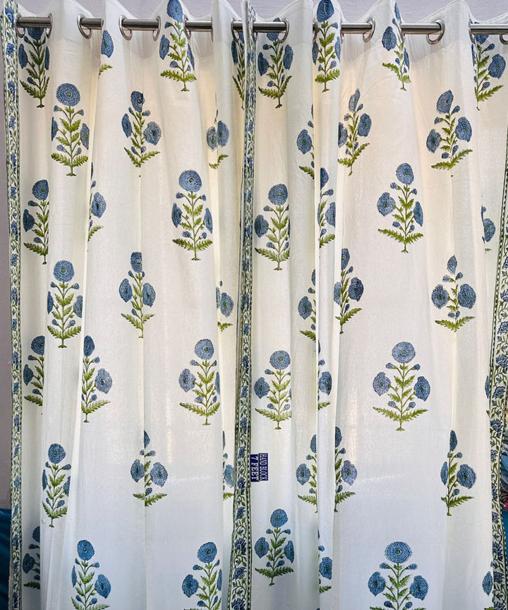 Navy blue hand sanganeri printed cotton door curtain set of 2