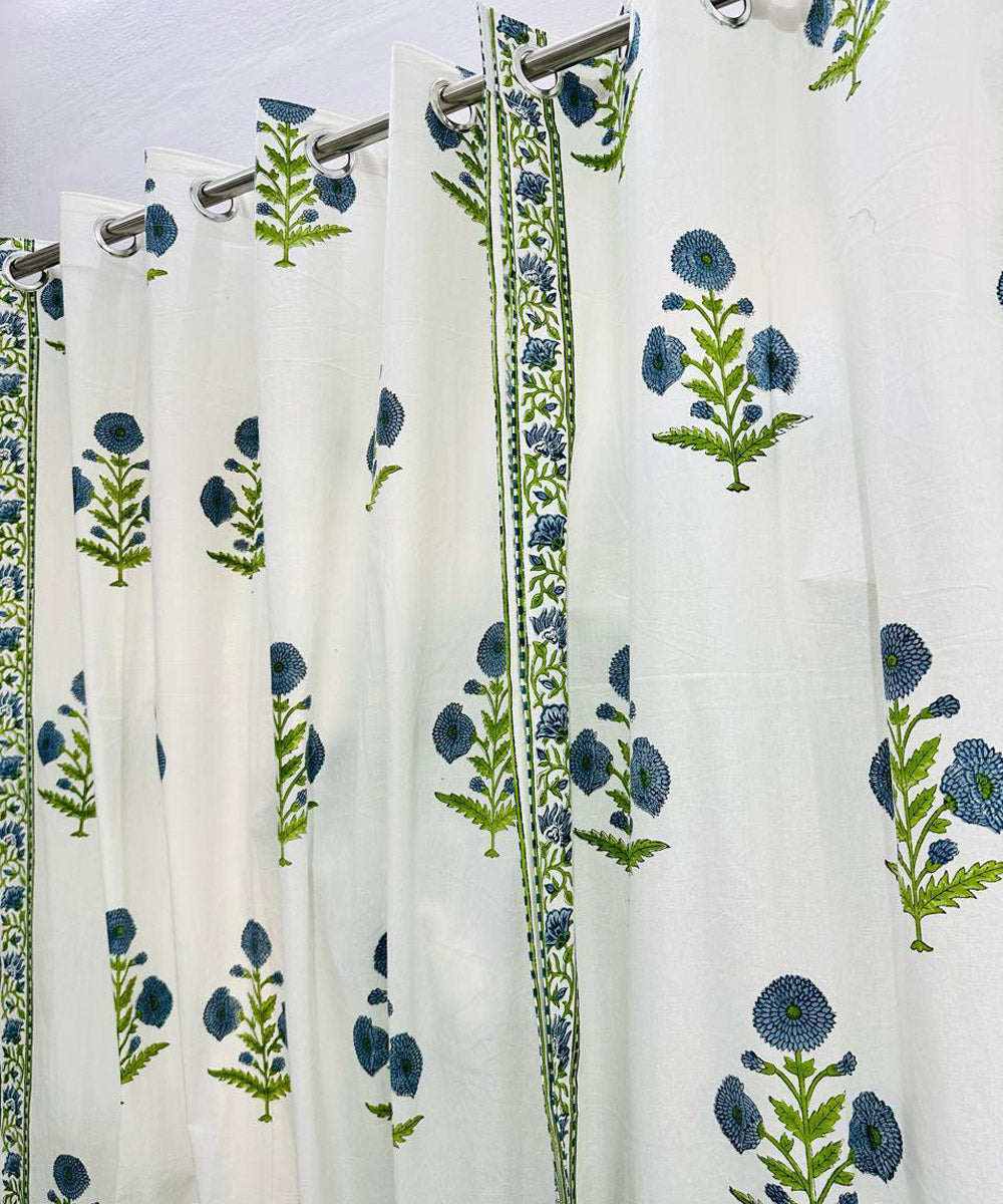 Navy blue hand sanganeri printed cotton door curtain set of 2