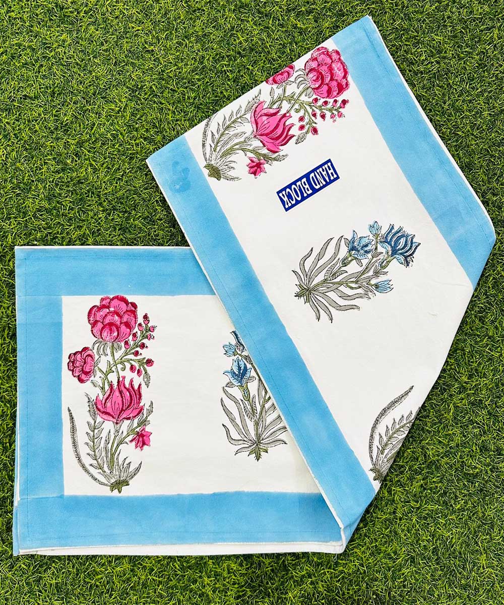 Sky blue pink hand block printed cotton table mat with runner