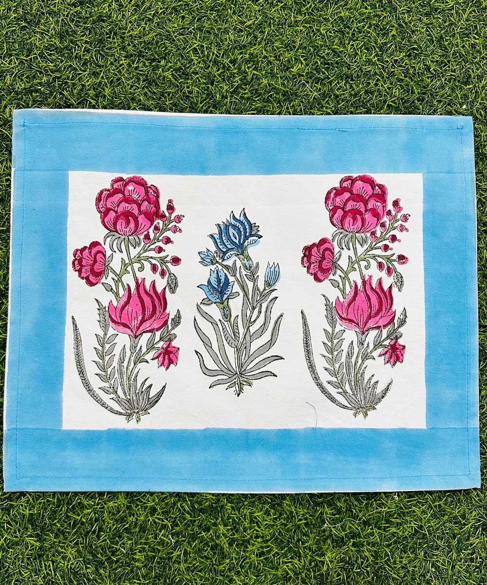 Sky blue pink hand block printed cotton table mat with runner