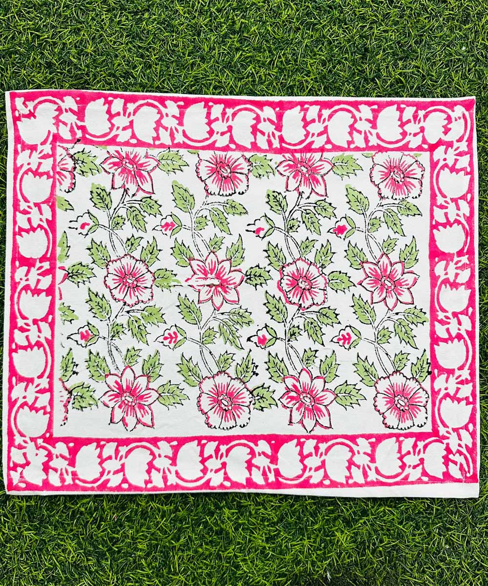Pink green yellow cotton hand block printed table mats with runner