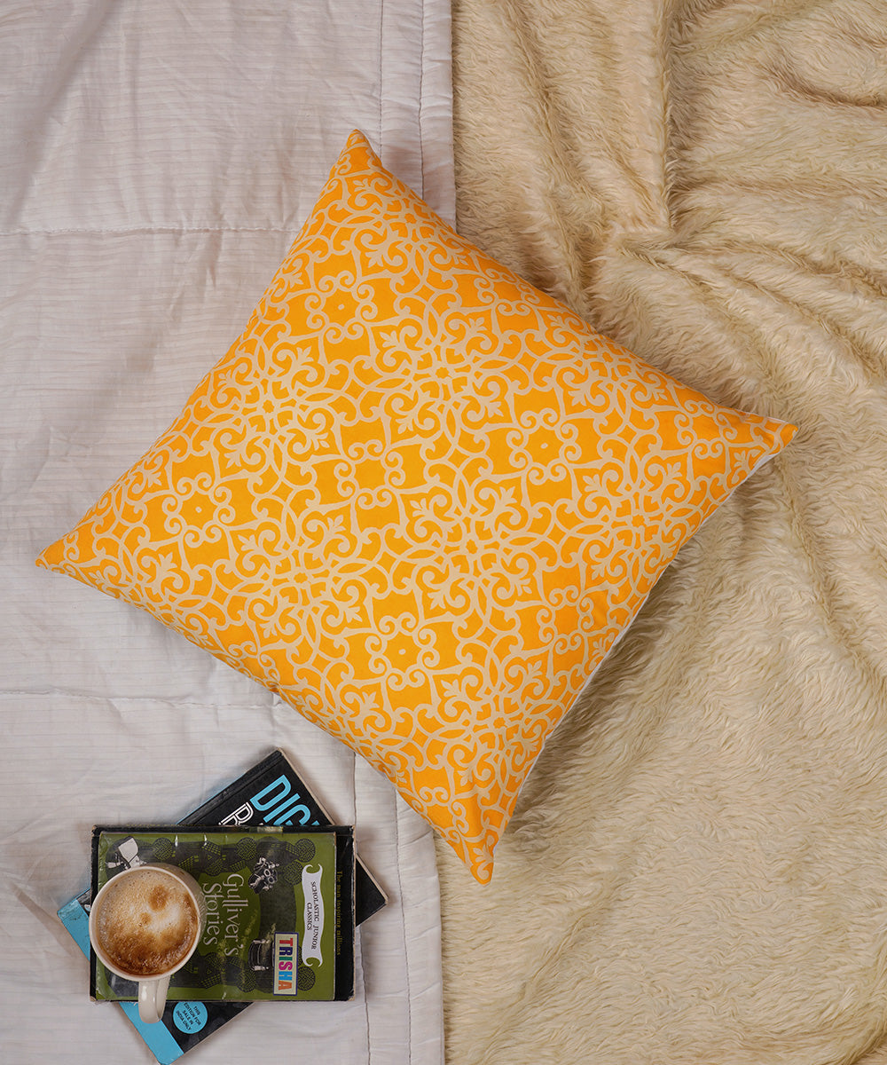 Yellow white handblock print cotton cushion cover